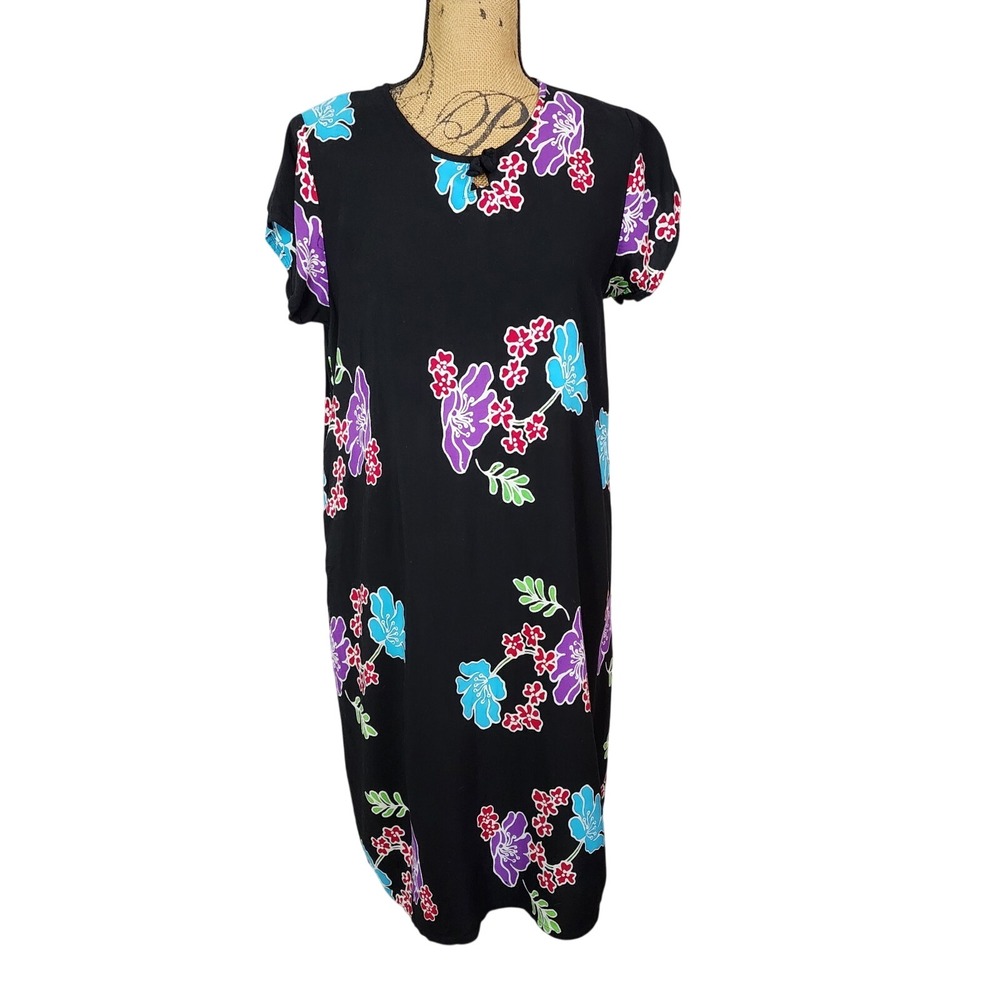 Vtg SUNON‎ Size Large/XL Black Floral Short Sleeve Midi Shift Dress Beach Island
